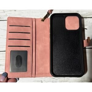 Pink PU Leather Wristlet Wallet Case For iPhone 13 Pro Max